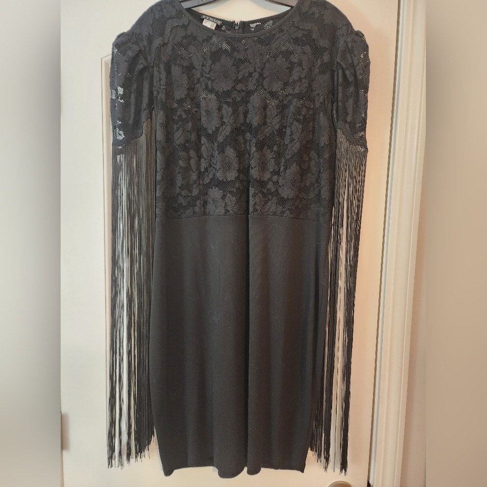 Venus Black Lace Fringed Sleeves Dress Stevie Nicks Goth Fairycore 1X Whimsy